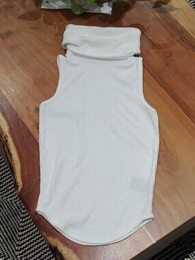 Revamped Ivory/White Sleeveless Turtleneck Curved Knit Tank
